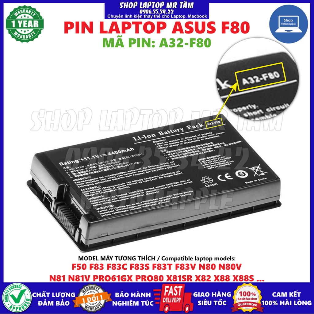 Pin Laptop ASUS F80 (A32-F80) - 6 CELL -  F50 F83 F83C F83S F83T F83V N80 N80V N81 N81V PRO61GX PRO80 X81SR X82 X88 X88S