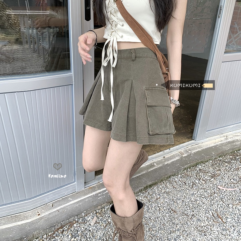 2022 Quần Yếm Kaki Ngắn Dáng Rộng Eo Cao Phong Cách Retro Giản Dị Dễ Phối Đồ Thời Trang Dành Cho Nữ