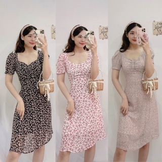Đầm hoa nhí dài dự tiệc, Váy hoa nhí nhíu ngực Cao Cấp hồng đen dáng xòe cổ rộng tay ngắn, mặc công sở đi chơi - MiNhi