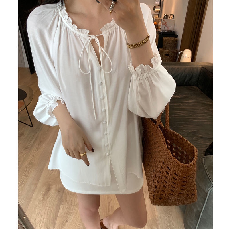 Áo chiffon BH cổ lá sen tay dài dáng rộng thời trang mùa thu 2022