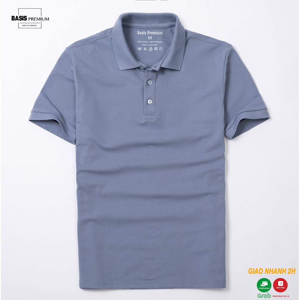 Áo polo trơn màu xanh da trời denim, chất liệu cotton gai cao cấp, BASIS 22_XANHDENIM | BigBuy360 - bigbuy360.vn