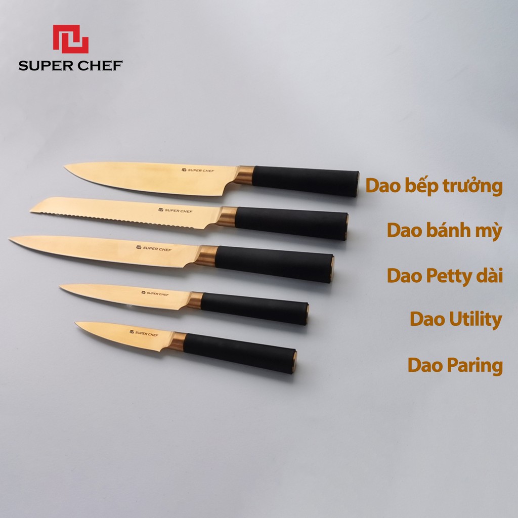 Bộ 5 Dao Làm Bếp Mạ Titan Và Giá Đỡ Nam Châm Super Chef Cao Cấp