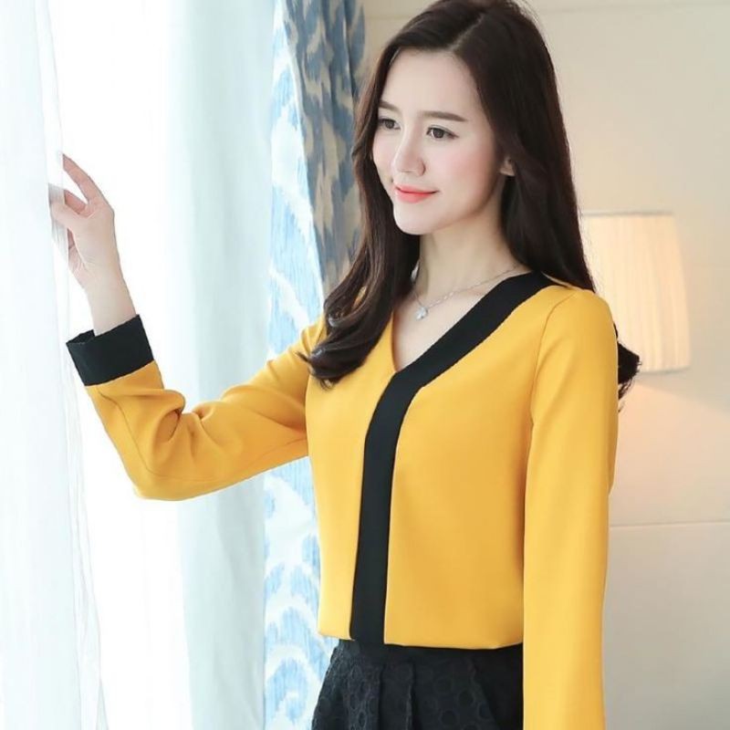 [Mã BMBAU50 giảm 50K đơn 150K] ZERASY - Áo kiểu phối màu đen tay dài kiểu cách