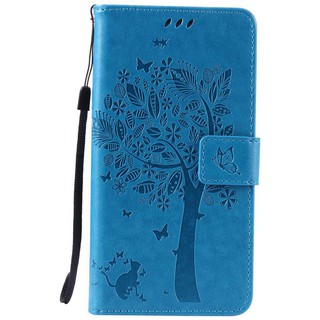 For Samsung Galaxy Note 5 Blue Cat Tree Leather Flip Wallet Stand Case Cover