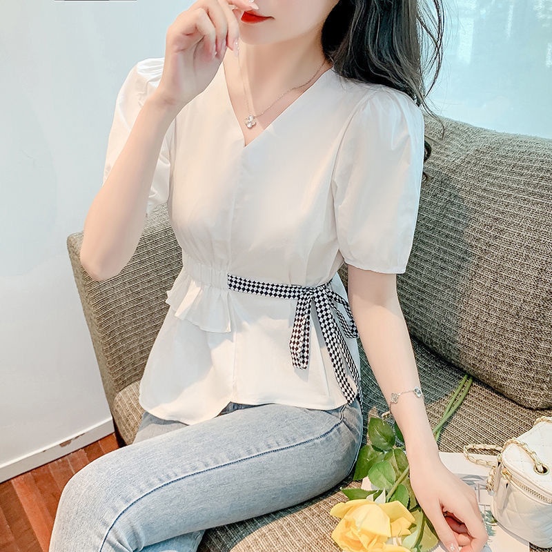 Áo Sơ Mi Tay Ngắn Cổ Chữ V Dáng Ôm Thiết Kế Đơn Giản Thời Trang Mùa Hè Cho Nữ