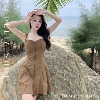 𝑫𝒖𝒍𝒄𝒊𝒆 𝑫𝒓𝒆𝒔𝒔  | Đầm Nâu 2 Dây Dáng Ngắn Kéo Khóa Tiểu Thư Tôn Dáng, Đầm Tiểu Thư Dáng Xoè Màu Nâu Ulzzang Adelia.Shop