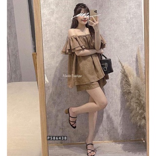 Set áo đũi trễ vai nâu freesize mix quần đùi nâu cạp chun ống suông wikishop C437