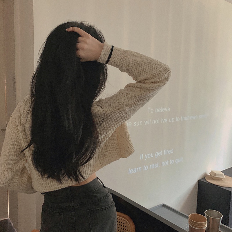 Áo len dệt kim IHKKE dáng ngắn phong cách phương Tây thời trang cho nữ