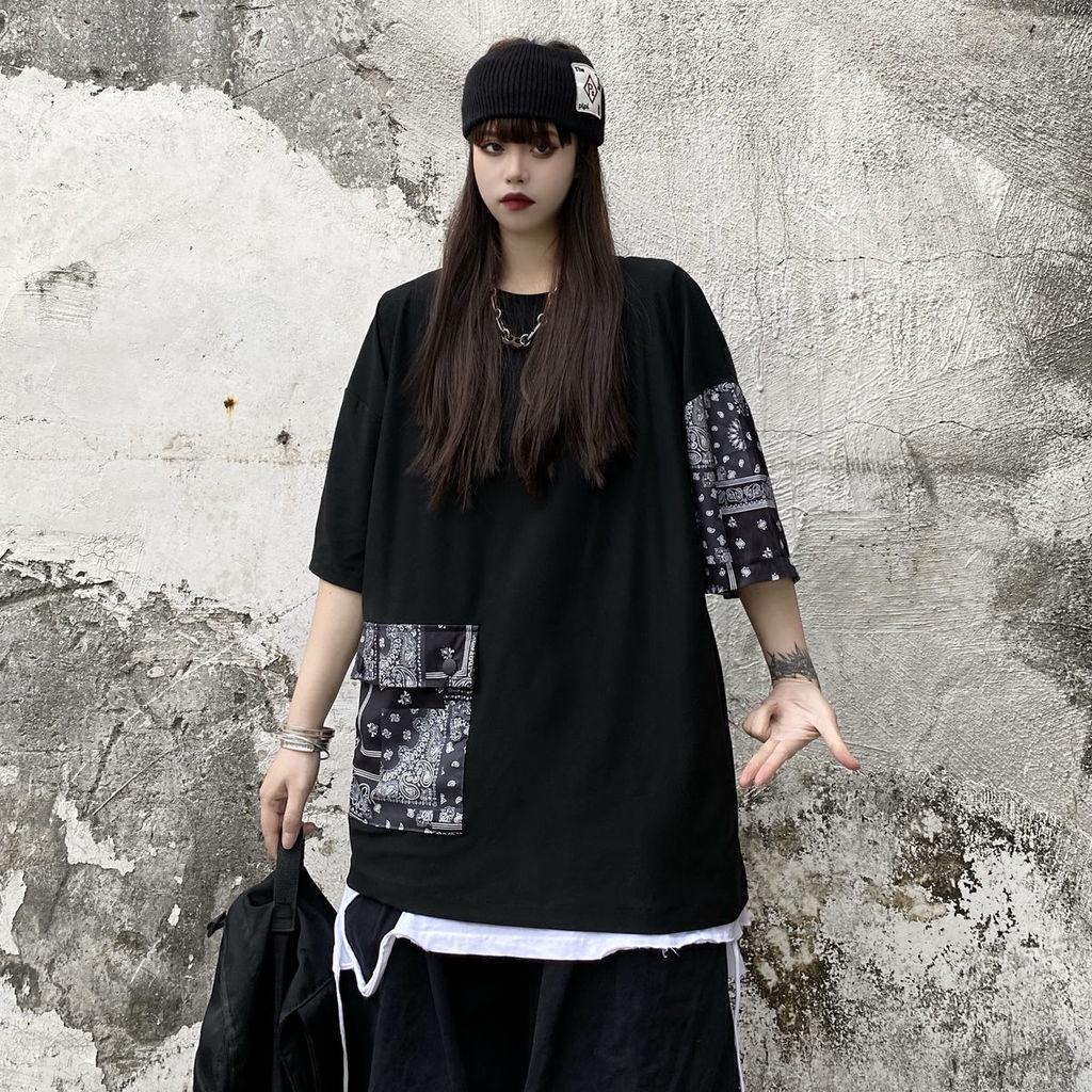 Áo Thun Phối Túi Lớn Họa Tiết Hoa Xinh Xắn Thời Trang 191901Áo Thun Tay Ngắn Dáng Rộng Phong Cách Harajuku Retro Cho Nam Nữ