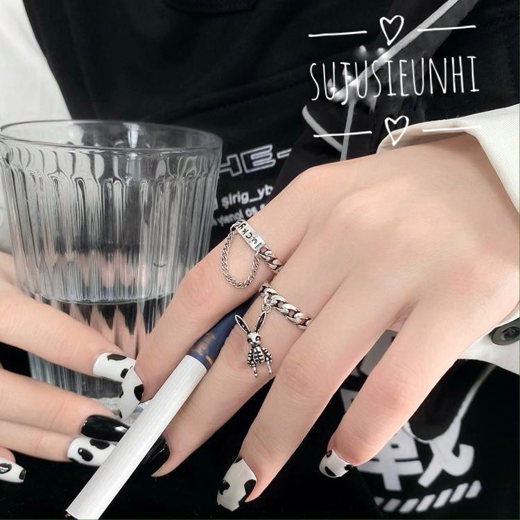 Set 2 mẫu nhẫn unisex mặt hình thỏ+ chữ lucky