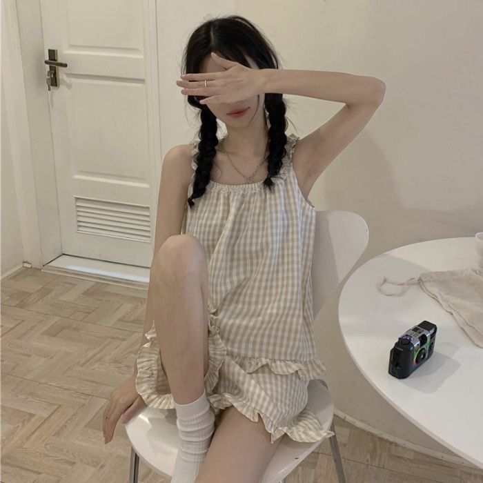 Bộ ngủ kate 2 dây mặc nhà 3 màu caro siêu cute manzakia | BigBuy360 - bigbuy360.vn