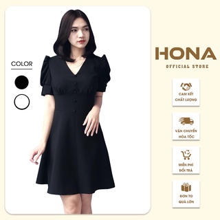 Đầm xòe cổ chữ V, váy tay bồng thắt eo tiểu thư - Váy midi dự tiệc hàng thiết kế cao cấp sang trọng HONA226