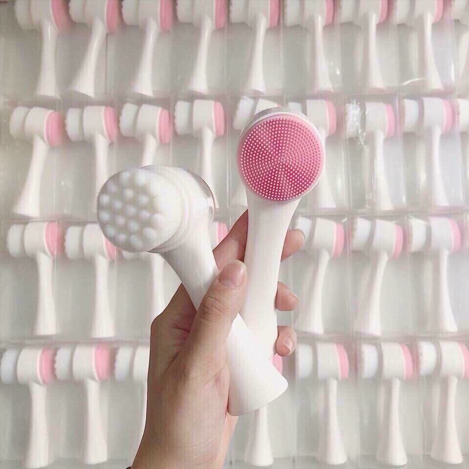 Chổi rửa mặt hai đầu lông và silicon , có vỏ nhựa