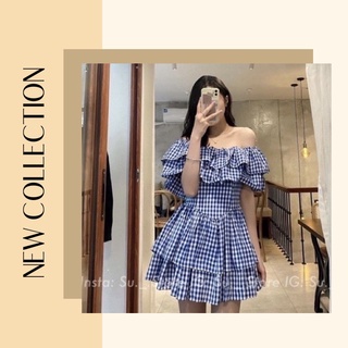 Váy trễ vai kẻ caro xanh🔥Chất thô siêu mềm mịn