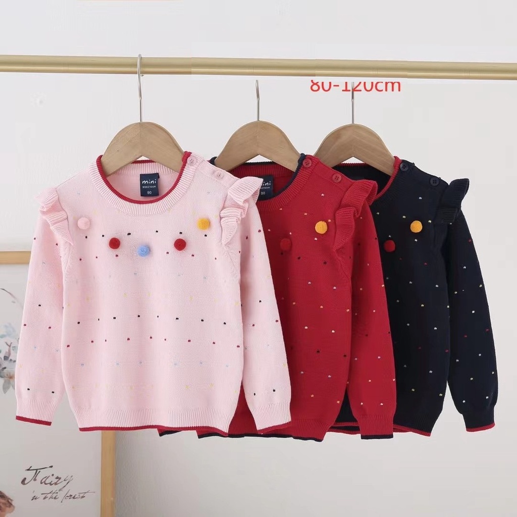Áo len cho bé gái dài tay diềm vai đính quả, Áo len trẻ em 1-6 tuổi phong cách Hàn Quốc đanh sợi không bai xù
