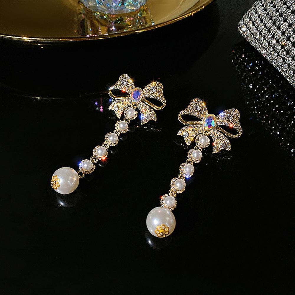 Đôi Khuyên Tai Dáng Dài Trang Trí Nơ Đính Đá Thời Trang Cho Nữ