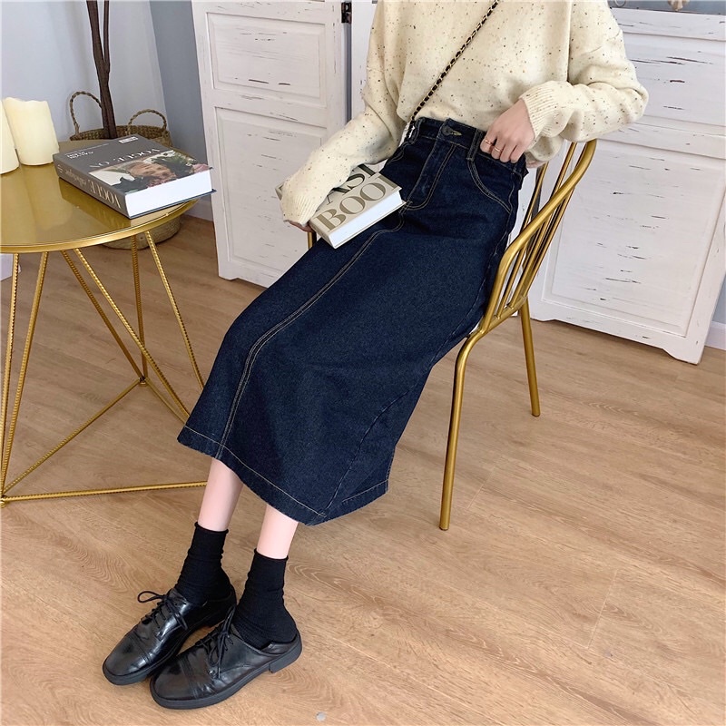 𝗺𝗶𝗲 𝘀𝘁𝘂𝗱𝗶𝗼 - Chân váy jeans đen cài cúc eo