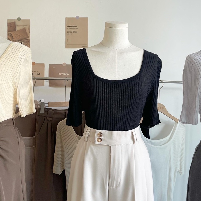 Áo montagut cổ vuông, bảng màu vintage chất mát