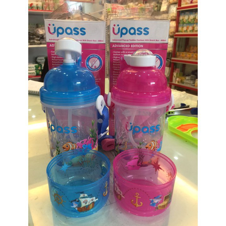 (Tặng cọ vệ sinh phụ kiện) Bình uống nước UPASS cao cấp nắp bật kèm khay đựng kẹo/ làm ly cốc uống nước cho bé 400ml