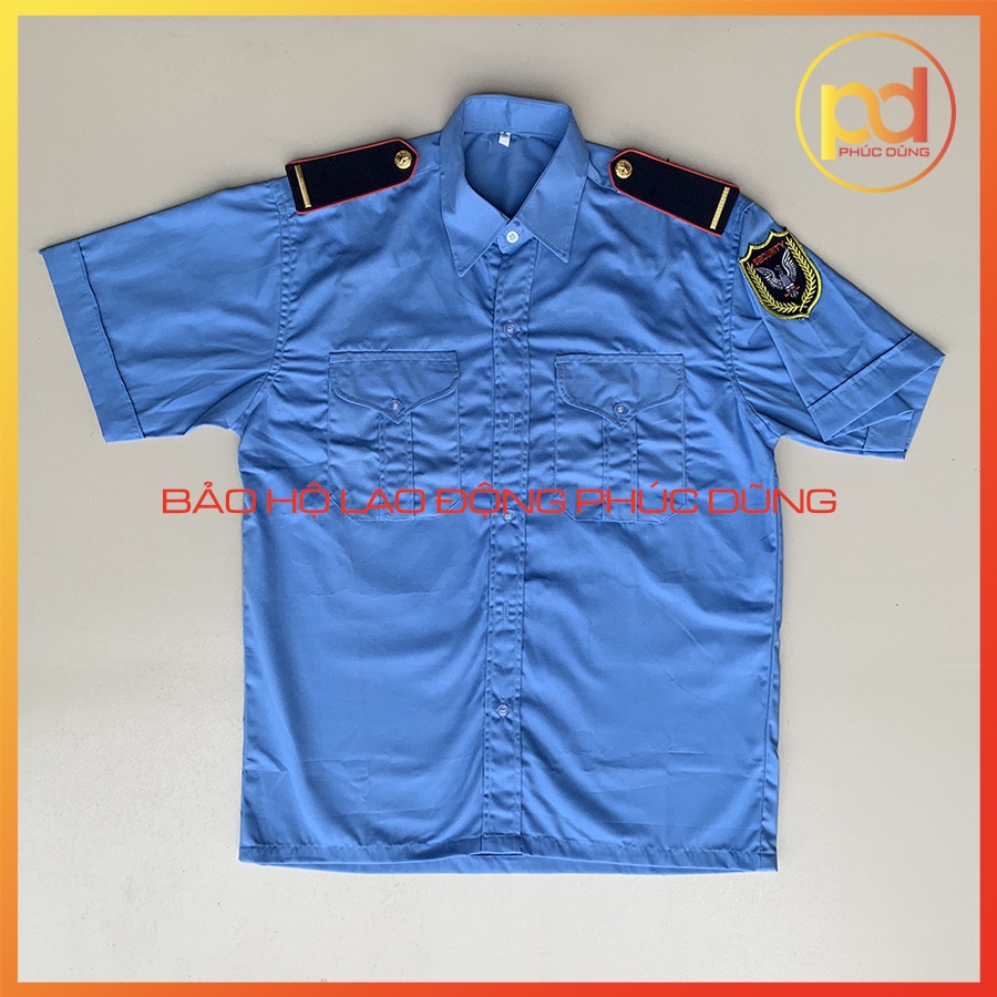 Combo Áo Đồng Phục Bảo Vệ Xanh Biển Ngắn Tay Đi Kèm Cầu Vai Gạch Đồng nền xanh đen sang trọng chuyên nghiệp