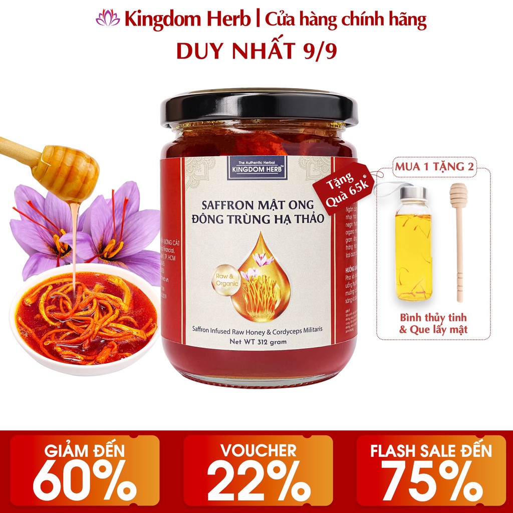 Mật ong saffron đông trùng hạ thảo Kingdom Herb 312g (2g đông trùng + 1g saffron)