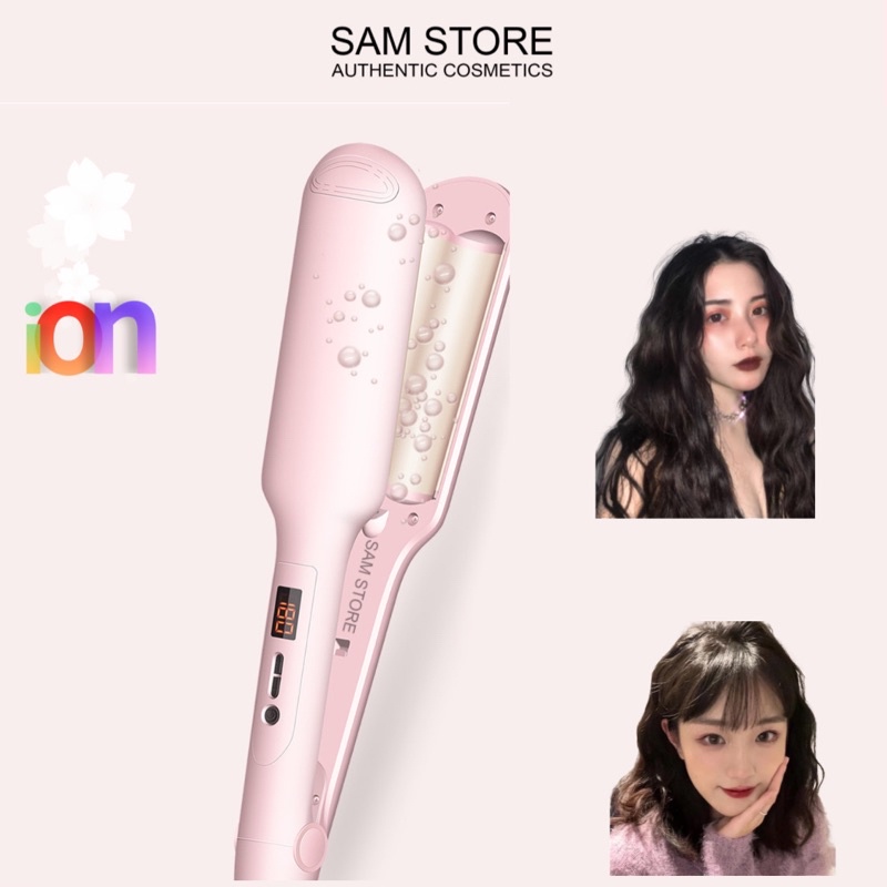 Máy 2 trục SAM STORE màu hồng pastel phủ ION, tạo gợn sóng Hàn Quốc hiển thị đèn Led, có phần cách nhiệt để khi uốn