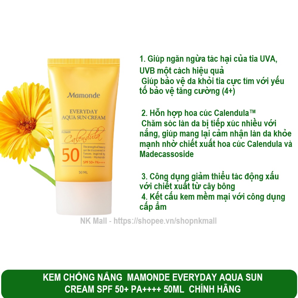 Kem Chống Nắng 👌 Mamonde Everyday Aqua Sun Cream SPF 50+ PA++++ 50ml 💚 Chính Hãng- dưỡng ẩm dịu nhẹ với mọi loại da | WebRaoVat - webraovat.net.vn