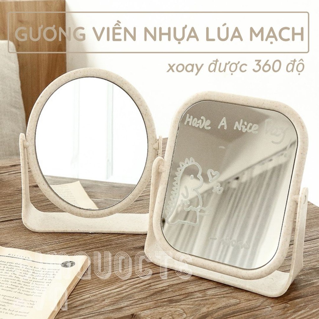 Gương soi trang điểm để bàn lúa mạch 2 mặt gương xoay 360 độ - NgocThi Store