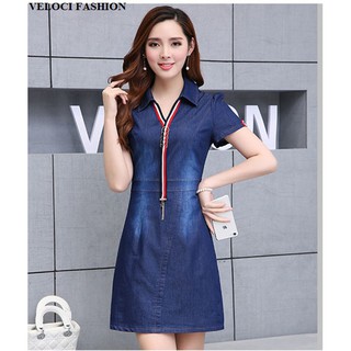 Cao cấp đầm jean phối sọc cổ sơ mi 3725