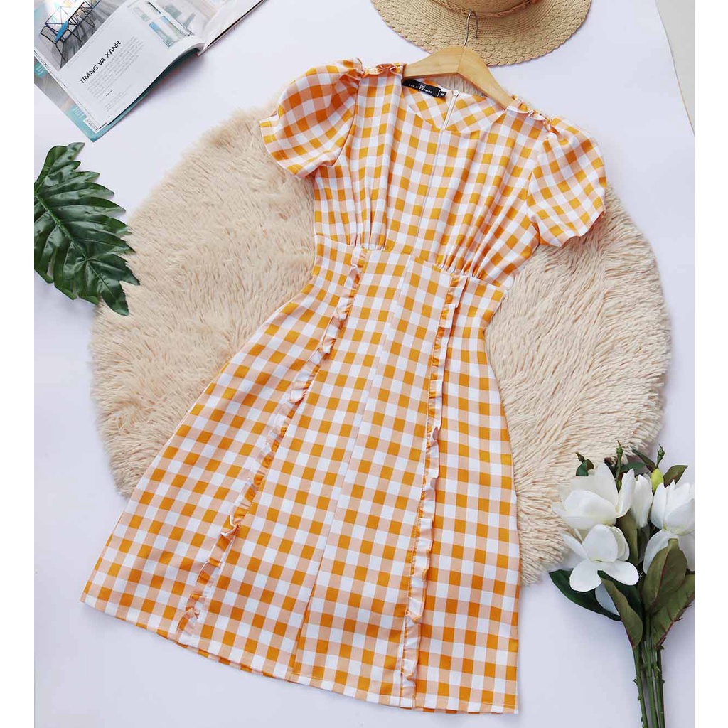Đầm công sở caro vàng thiết kế dáng chữ a eo che bụng mỡ tay ngắn trẻ trung phù hợp đi làm đi chơi – Thời trang Lux W