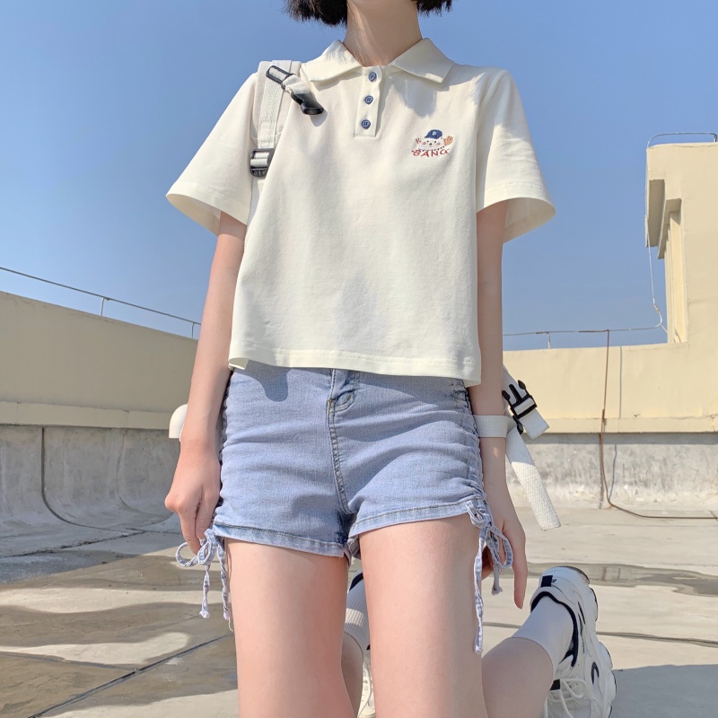 Áo polo PEWARN tay ngắn dáng rộng phong cách Hàn Quốc thời trang mùa hè dành cho nữ