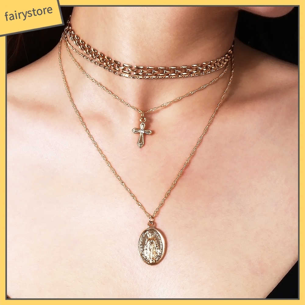 Dây chuyền đa lớp mặt hình chúa jesus và thánh giá thời trang