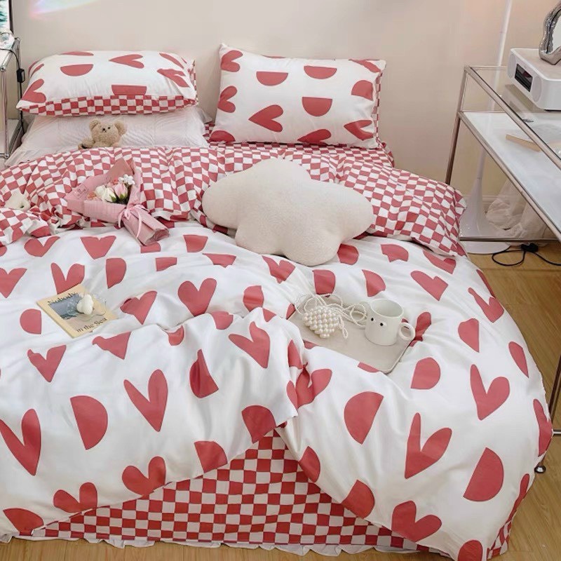 Bộ Chăn Ga Gối Cotton Poly Hizun Mẫu Tim Khuyết Hồng
