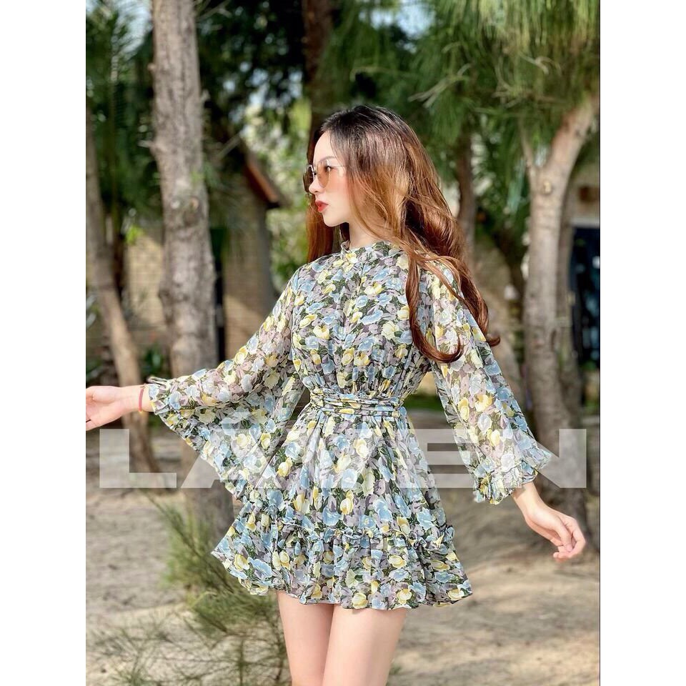 Đầm xòe voan hoa tay dài phối bèo Rose Fashion