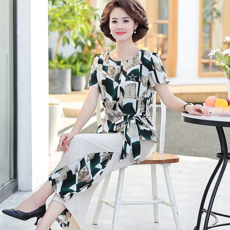 Bộ Trang Phục Hai Mảnh Gồm Áo Tay Ngắn Và Quần Dài Ống Rộng Phong Cách Phương Tây Thời Trang Mùa Hè Cho Phụ Nữ Trung Niên Năm 2021