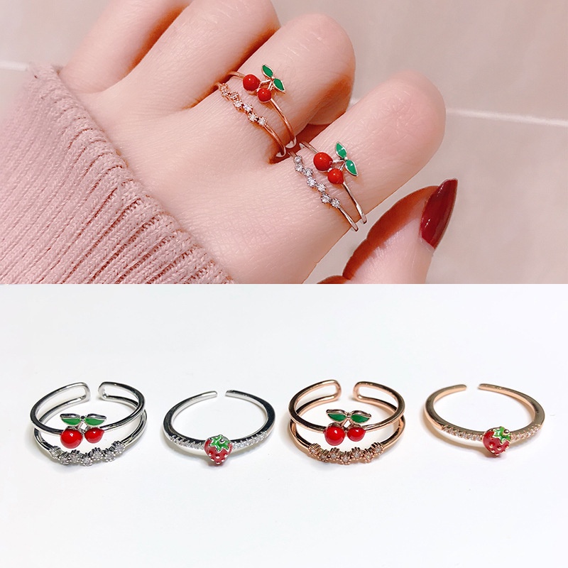 Nhẫn Hở Đính Đá Hình Quả Dâu Tây / Cherry Dễ Thương Phong Cách Nhật Hàn