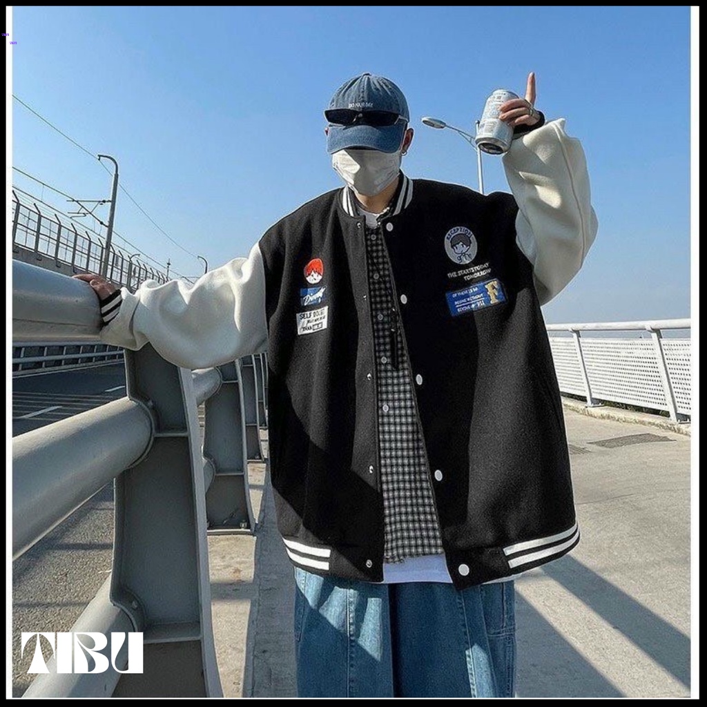 Áo Khoác Bomber Nỉ Phối Tay Hình Cậu Bé Form Rộng Unisex TiBu Unisex