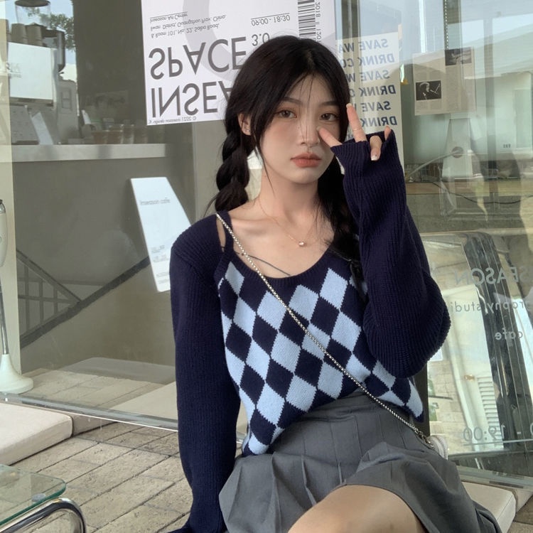 QKOOLE  Áo len dài tay trễ vai họa tiết kim cương phong cách Hàn Quốc thời trang cho nữ