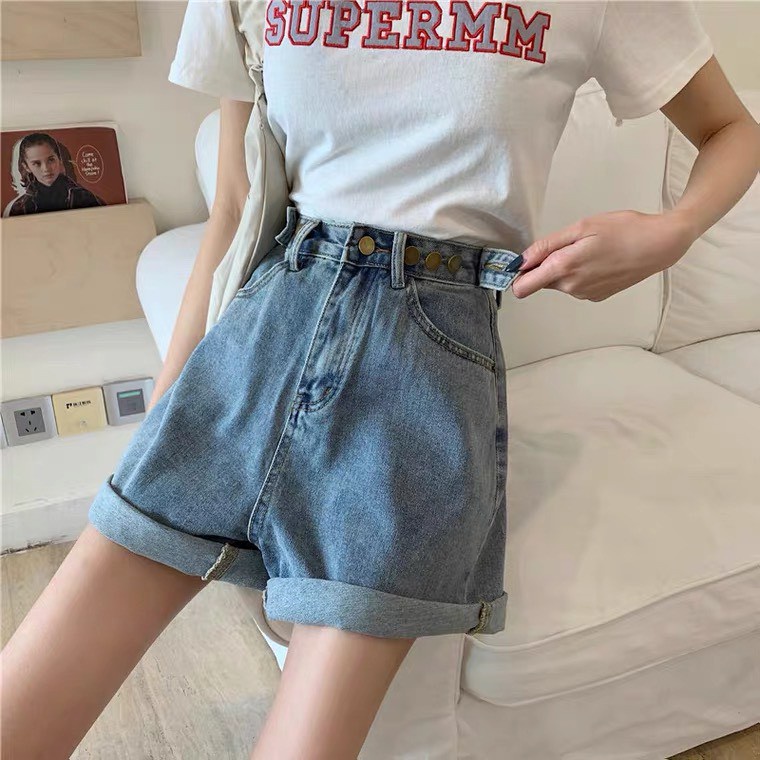 Quần Short Jean Nữ Nút Hông quần ngố bò xuông quan sooc đùi jeans nữ dày dặn không dãn-MINXY