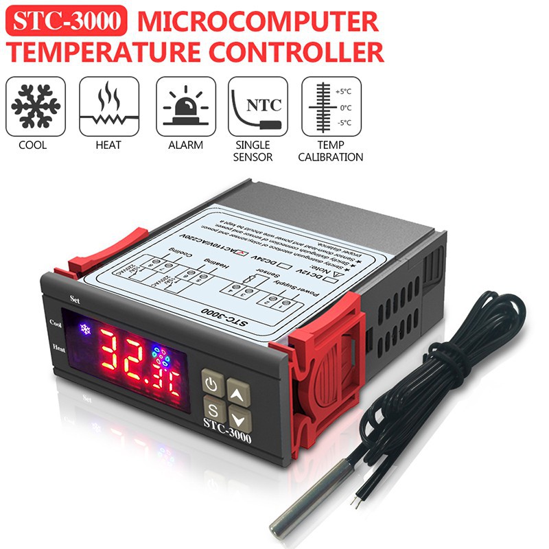 STC-3000 DC 12V 24V AC 110V-220V Bộ điều khiển nhiệt độ kỹ thuật số Bộ cảm biến nhiệt với đầu dò