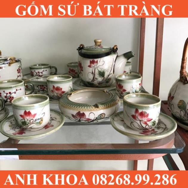 Ấm chén men tro dáng vại hoa sen Bát Tràng - Gốm sứ Bát Tràng Anh Khoa