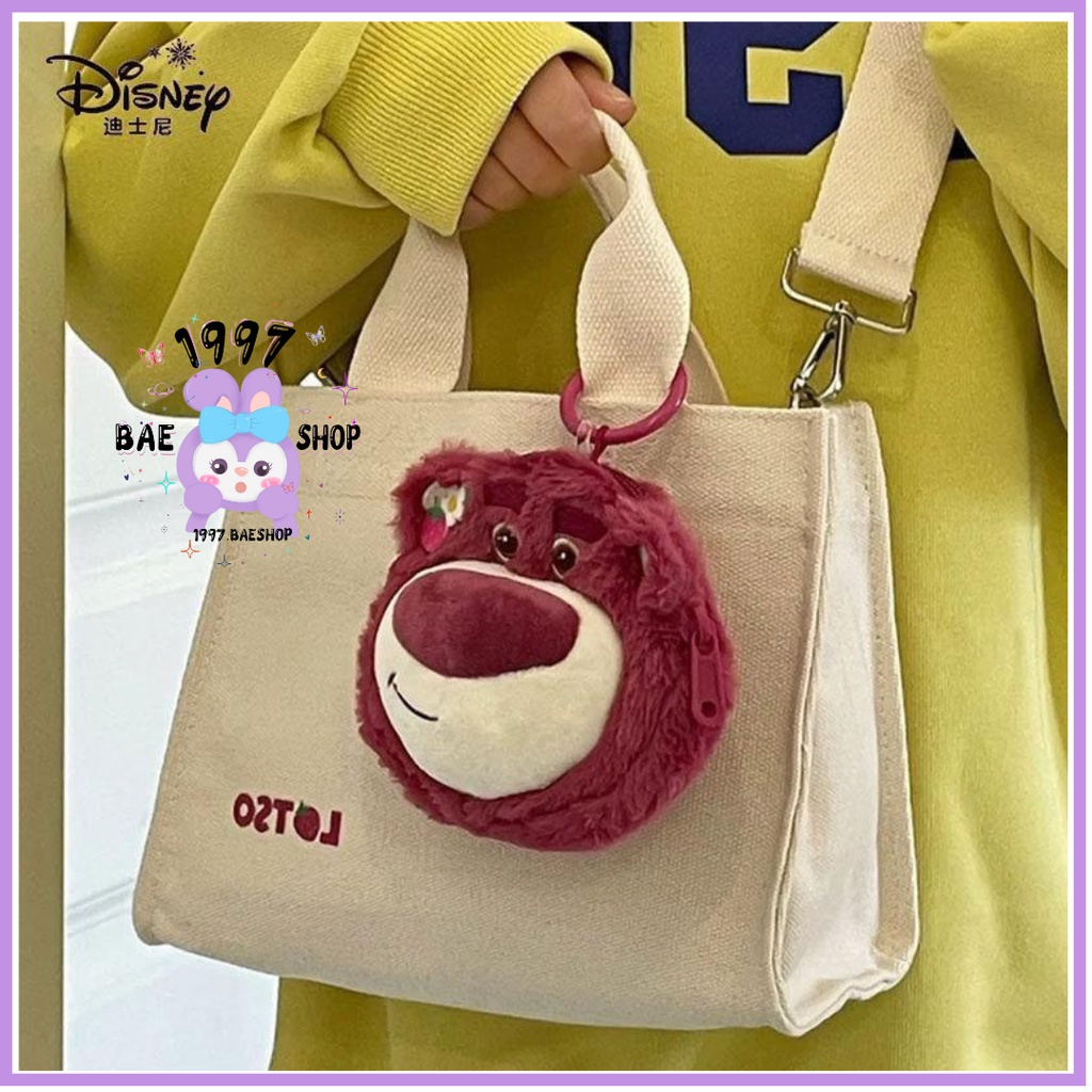 Túi xách vải canvas kèm charm gấu Lotso