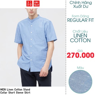 Áo Sơ Mi Nam Ngắn Tay Cổ Trụ Vải Linen Màu Xanh Nước Biển Vệt Trắng - FO76 Shop