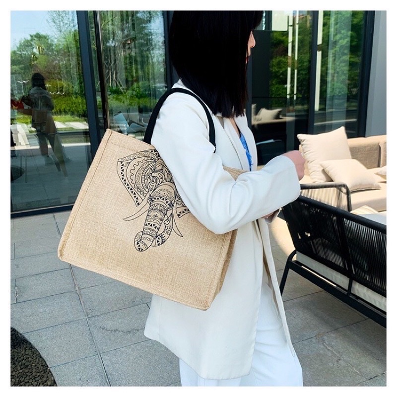 Túi cói vintage đi biển xách tay nữ size lớn vải bố lanh cao cấp Hàn Quốc