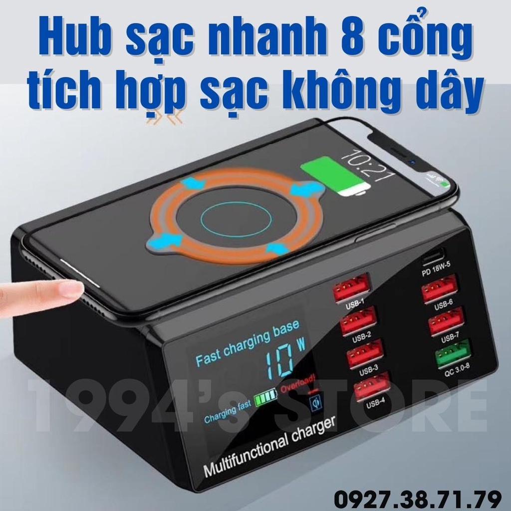 Hub sạc nhanh không dây 8 cổng USB 100W- 1 cổng Type C PD 18W - 1 cổng Quick Charge 3.0 18W - 6 cổng 10W - Sạc không dây