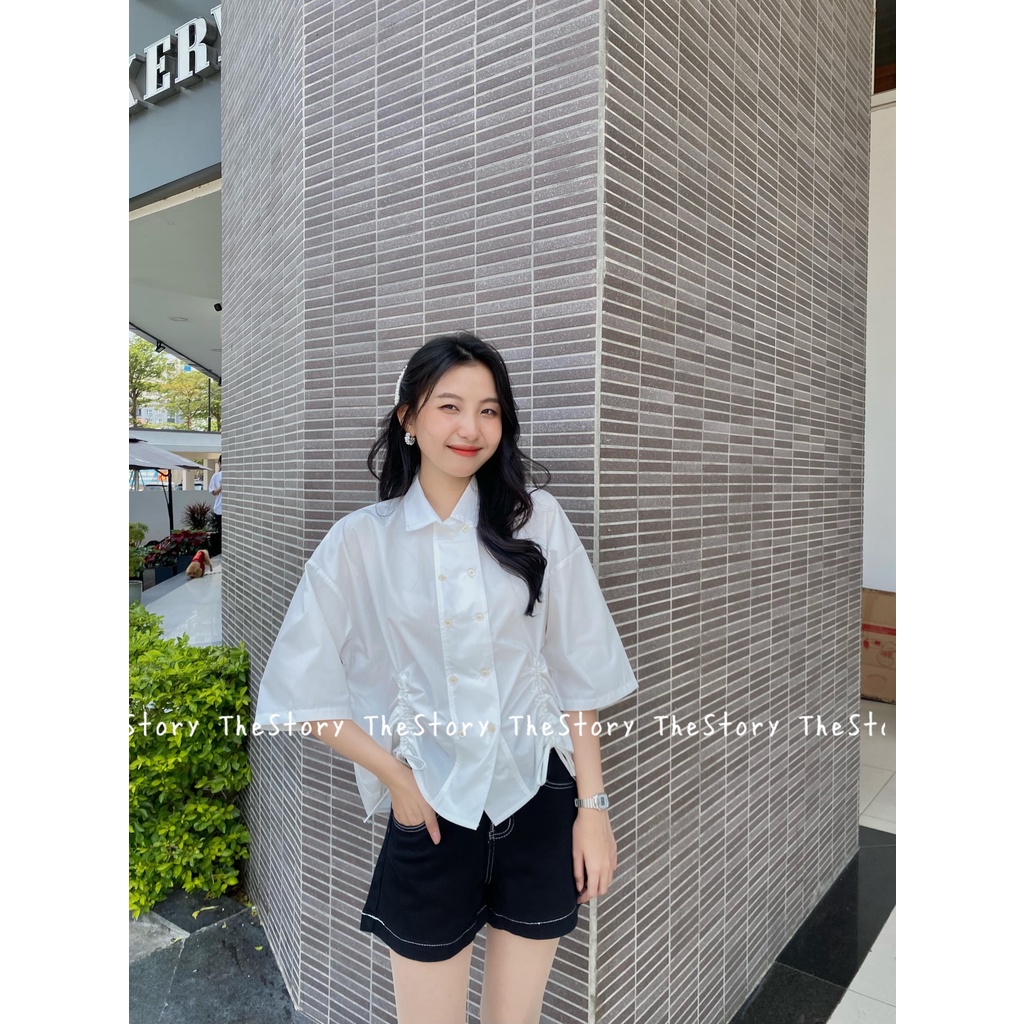 Áo sơ mi nữ tay ngắn rút dây  A2404