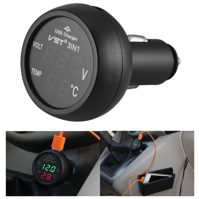Tẩu sạc điện thoại đa năng 3in1 xe hơi, đồng hồ báo vôn ắc quy nhiệt độ kèm sạc USB ô tô mẫu mới loại tốt hàng cao câp