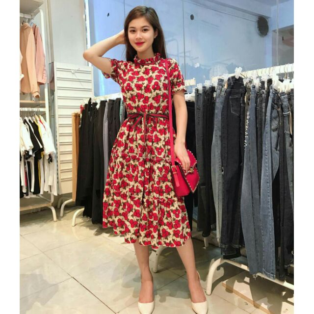 Combo váy hoa và set áo lụa chân váy khuy