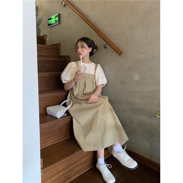 Váy yếm form rộng dáng dài dây bảng to màu nâu tây