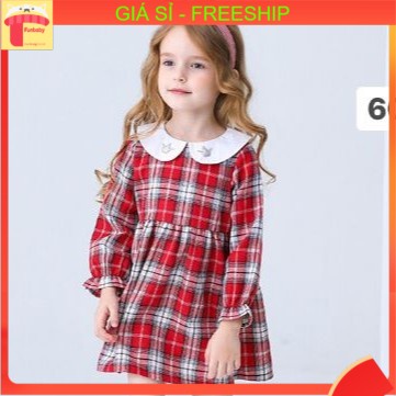 Váy bé gái thu đông 2-7 tuổi vải thô kẻ đỏ bé gái. Đầm dài tay cho bé cao cấp dày dặn